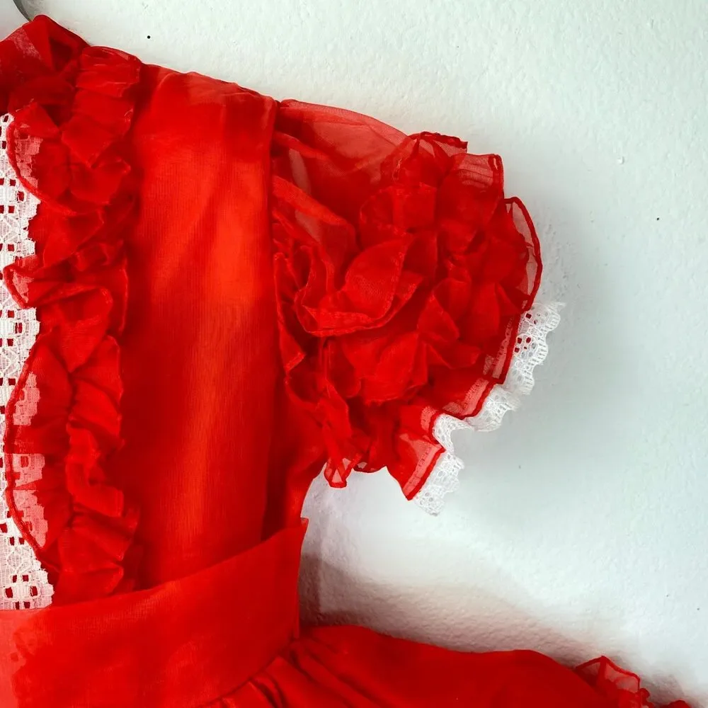 Vintage Girls Red Nylon Chiffon Dress Lace Puff Sleeve Holiday Christmas Size 6